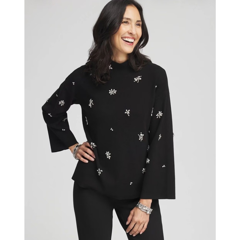 Chicos Embellished Mockneck Pullover Sweater Size 2 US L Black Wide Sleeves